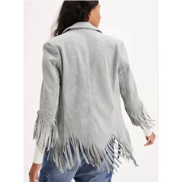Free People x Understated Leather XS Blue Suede Fringe Peace blazer jacket - Picture 2 of 9
